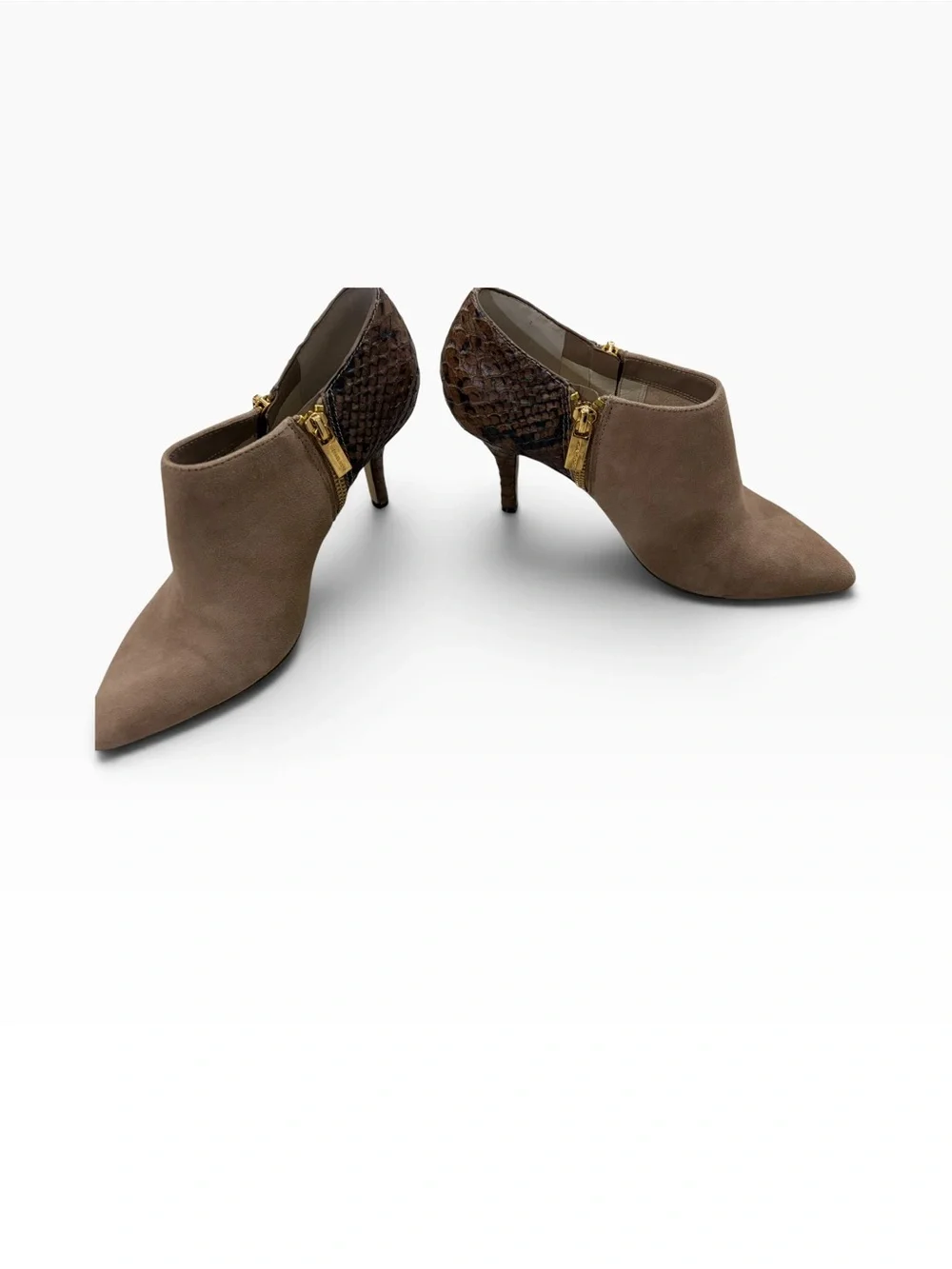 Michael Kors Clara Python Suede Ankle Booties Taupe Brown Gold Zip Size 8M